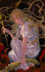 Rule 34 | 1boy, 1girl, allerghen, blonde hair, braid, brother and sister, dress, elden ring, floating hair, gold needle, hair over eyes, highres, holding, holding another&#039;s wrist, holding needle, long hair, looking at viewer, malenia blade of miquella, miquella (elden ring), multiple braids, needle, out of frame, prosthesis, prosthetic arm, red hair, robe, see-through, see-through dress, siblings, squatting, twins, very long hair, white robe, yellow eyes