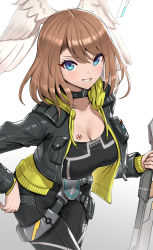 Rule 34 | 1girl, black choker, black jacket, black pants, black shirt, blouse, blue eyes, breast tattoo, breasts, brown hair, choker, cleavage, commentary request, cowboy shot, duplicate, eunie (xenoblade), gonzarez, gradient background, grey background, grin, hand on own hip, head wings, highres, holding, jacket, large breasts, long hair, long sleeves, looking at viewer, open clothes, open jacket, pants, pixel-perfect duplicate, shirt, smile, solo, standing, tattoo, v-shaped eyebrows, white background, wings, xenoblade chronicles (series), xenoblade chronicles 3