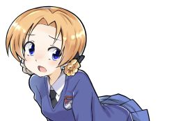 Rule 34 | 10s, 1girl, black bow, black necktie, blue eyes, blue skirt, blue sweater, bow, braid, commentary request, dress shirt, emblem, frown, girls und panzer, hair bow, highres, leaning forward, long sleeves, looking at viewer, necktie, open mouth, orange hair, orange pekoe (girls und panzer), parted bangs, pleated skirt, school uniform, shirt, short hair, simple background, skirt, solo, st. gloriana&#039;s (emblem), st. gloriana&#039;s school uniform, standing, sweater, toon (noin), twin braids, v-neck, white background, white shirt, wing collar