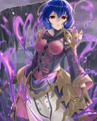 Rule 34 | 1girl, armor, aura, blue hair, breasts, brown gloves, dark aura, dark persona, expressionless, fire, fire emblem, fire emblem awakening, fire emblem heroes, gloves, haru (nakajou-28), highres, holding, holding weapon, long sleeves, looking at viewer, medium breasts, morgan (female) (fire emblem), morgan (fire emblem), nintendo, official alternate costume, open mouth, pants, purple fire, red eyes, robe, short hair, solo, weapon