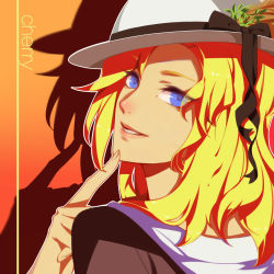 Rule 34 | 1girl, alternate hairstyle, artist name, black ribbon, blonde hair, blue eyes, blush, brown shirt, cherry (10013717), eyebrows, eyes visible through hair, finger to mouth, fingernails, flower, from behind, hair flower, hair ornament, hand up, hat, hat ribbon, highres, lips, long fingernails, long hair, looking at viewer, looking back, mercy (overwatch), nose, nose blush, overwatch, overwatch 1, pink lips, ribbon, scarf, shirt, smile, solo, teeth, white scarf