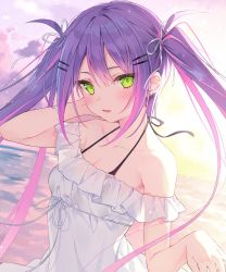 Rule 34 | 1girl, alternate costume, arm up, bare shoulders, blush, bra strap, breasts, cleavage, commentary request, day, dress, dusk, dutch angle, earrings, frilled dress, frills, green eyes, hair ornament, hair ribbon, hairclip, halterneck, hand up, hololive, horizon, jewelry, long hair, looking at viewer, multicolored hair, multiple earrings, off-shoulder dress, off shoulder, outdoors, parted lips, pink hair, purple hair, ribbon, rurudo, sidelocks, small breasts, solo, streaked hair, sunlight, tokoyami towa, twintails, upper body, virtual youtuber, white dress