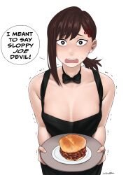 Rule 34 | 1girl, absurdres, apron, artist name, black apron, black bow, black bowtie, bow, bowtie, breasts, brown hair, burger, chainsaw man, cleavage, dismaiden, food, hair ornament, hairclip, higashiyama kobeni, highres, holding, holding tray, looking at viewer, looking up, medium hair, meme, mole, mole under eye, mole under mouth, multiple moles, naked apron, open mouth, shaking, short ponytail, simple background, single sidelock, sloppy blowjob devil (meme), small breasts, solo, swept bangs, tray, white background