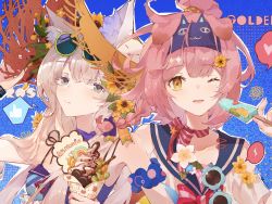 Rule 34 | 2girls, animal ear fluff, arknights, braid, cat girl, chinese commentary, closed mouth, eyewear on head, goldenglow (arknights), green eyes, highres, multiple girls, nachtschatten670, one eye closed, parted lips, pink hair, rosmontis (arknights), swimsuit, white hair, yellow eyes