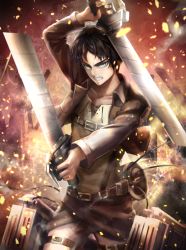 Rule 34 | 1boy, arm up, black hair, brown jacket, clenched teeth, collarbone, cowboy shot, dual wielding, eren yeager, green eyes, holding, holding sword, holding weapon, jacket, looking at viewer, male focus, military, military uniform, open clothes, open jacket, pants, sanshi (sannshi 34), shingeki no kyojin, solo, standing, sword, teeth, three-dimensional maneuver gear, uniform, weapon, white pants