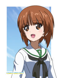 Rule 34 | 1girl, artist name, black neckerchief, blue sky, brown eyes, brown hair, cloud, cloudy sky, commentary, dated, day, girls und panzer, highres, long sleeves, looking to the side, naotosi, neckerchief, nishizumi miho, ooarai school uniform, open mouth, outdoors, outside border, sailor collar, school uniform, serafuku, shirt, short hair, sky, smile, solo, upper body, white sailor collar, white shirt