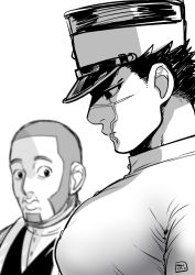 Rule 34 | 2boys, bara, closed mouth, facial hair, facial scar, from side, girl staring at guy&#039;s chest (meme), golden kamuy, greyscale, hat, large pectorals, looking at another, male focus, meme, military hat, monochrome, multiple boys, muscular, muscular male, onnomono, pectoral focus, pectorals, scar, scar on cheek, scar on face, scar on nose, shiraishi yoshitake, shirt, short hair, sideburns, sugimoto saichi, upper body