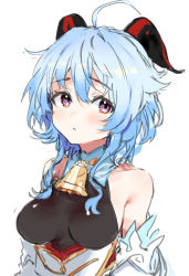 Rule 34 | 1girl, ahoge, bell, black bodysuit, blue hair, blush, bodysuit, breasts, cowbell, detached sleeves, dress, ganyu (genshin impact), genshin impact, goat horns, hair between eyes, horns, long hair, medium breasts, pinch (nesume), purple eyes, simple background, solo, upper body, white background, white dress