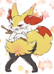 Rule 34 | 1girl, absurdres, animal ear fluff, animal ears, animal feet, animal hands, animal nose, artist name, black fur, blush, body fur, braixen, creatures (company), dated, female focus, flat chest, fox ears, fox girl, fox tail, full body, furry, furry female, game freak, gen 6 pokemon, hands up, happy, highres, holding, holding stick, ingi, looking at viewer, multicolored fur, neck fur, nintendo, one eye closed, open mouth, own hands together, pigeon-toed, pokemon, pokemon (creature), red eyes, signature, sketch, smile, snout, solo, sparkle, standing, star (symbol), starry background, stick, tail, white background, white fur, wink, yellow fur