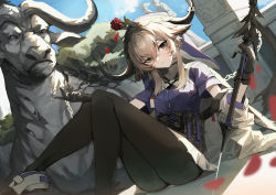 Rule 34 | 1girl, absurdres, animal ears, arknights, black gloves, black pantyhose, bull, chain, closed mouth, corset, cow ears, cow girl, cow horns, day, dutch angle, feet out of frame, flail, flower, gloves, green eyes, highres, holding, holding weapon, horns, jacket, knees up, long sleeves, looking at viewer, miniskirt, molyb, off shoulder, open clothes, open jacket, outdoors, pallas (arknights), pantyhose, petals, pleated skirt, purple shirt, red flower, red rose, rose, rose petals, shirt, short hair with long locks, sidelocks, skirt, solo, statue, veil, weapon, white jacket, white skirt