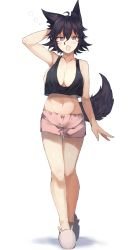 Rule 34 | 1girl, :o, ahoge, animal ear fluff, animal ears, arm behind head, arm up, bad id, bad pixiv id, bare arms, bare legs, bare shoulders, black hair, black tank top, blush, breasts, cleavage, collarbone, commentary request, crop top, fang, full body, grey footwear, hair between eyes, highres, large breasts, looking at viewer, midriff, navel, open mouth, original, pink shorts, purple eyes, shadow, short hair, short shorts, shorts, simple background, slippers, slit pupils, solo, standing, stomach, suminagashi, tail, tank top, tears, thighs, white background, wolf ears, wolf tail