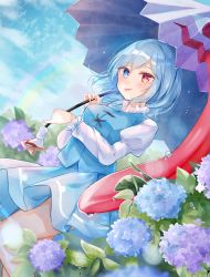 Rule 34 | 1girl, :p, blue eyes, blue flower, blue hair, blue skirt, blue sky, blue vest, blush, breasts, closed mouth, cloud, cloudy sky, commentary request, day, dutch angle, flower, heterochromia, highres, holding, holding umbrella, hydrangea, juliet sleeves, long sleeves, long tongue, medium breasts, moko (mokochisa), outdoors, pleated skirt, puffy sleeves, purple flower, purple umbrella, rainbow, red eyes, shirt, skirt, sky, smile, solo, standing, standing on one leg, tatara kogasa, tongue, tongue out, touhou, umbrella, vest, water drop, white shirt