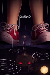 1boy 1girl bag bare_legs black_hair brown_hair copyright_name giant giantess highres holding holding_bag holding_umbrella hood hoodie licking_lips long_hair mini_person miniboy moon pants plastic_bag puddle rain red_eyes red_shoes reflection rin_(saeko:_giantess_dating_sim) saeko:_giantess_dating_sim saeko_(saeko:_giantess_dating_sim) shoelaces shoes short_hair sneakers thunderafterdark tongue tongue_out umbrella