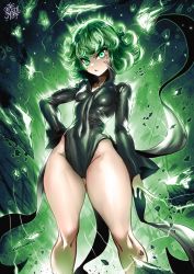 Rule 34 | 1girl, adapted costume, aura, bare legs, black dress, breasts, collared dress, covered navel, cowboy shot, curly hair, curvy, debris, dress, floating rock, glowing, glowing eyes, green eyes, green hair, green theme, hand on own hip, highres, leotard, long sleeves, matching hair/eyes, medium breasts, no panties, one-punch man, parted lips, shiny clothes, shiny skin, short hair, skin tight, small breasts, solo, standing, tatsumaki, telekinesis, the golden smurf, thick thighs, thighs, wide hips