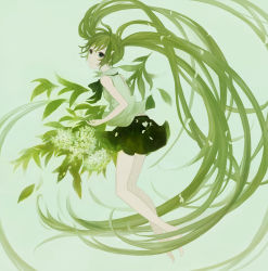 Rule 34 | 72 (nananatsu), bad id, bad pixiv id, bare legs, bare shoulders, barefoot, flower, full body, green eyes, green hair, hatsune miku, leaf, long hair, simple background, sleeveless, solo, twintails, very long hair, vocaloid