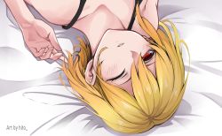 Rule 34 | 1girl, absurdres, blonde hair, collarbone, hair between eyes, highres, hitozche, hololive, hololive indonesia, kaela kovalskia, looking at viewer, lying, on back, on bed, one eye closed, parted lips, red eyes, short hair, solo, upside-down, virtual youtuber