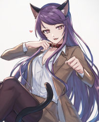 Rule 34 | 1girl, :d, animal ear fluff, animal ears, aoki shizumi, black pantyhose, breasts, brown jacket, brown skirt, buckle, cat ears, cat girl, cat tail, cleavage, collar, collared shirt, dress shirt, floating hair, gundou mirei, gundou mirei (1st costume), highres, jacket, long hair, long sleeves, looking at viewer, miniskirt, nijisanji, open clothes, open jacket, open mouth, pantyhose, pink eyes, purple hair, red collar, shirt, simple background, sitting, sketch, skirt, small breasts, smile, solo, swept bangs, tail, very long hair, virtual youtuber, white background, white shirt, wing collar