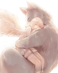 Rule 34 | 1boy, 1girl, androgynous, angel wings, cat, clona, closed eyes, commentary request, cotori (clona), feathered wings, from side, half-closed eyes, hetero, highres, hug, monochrome, mutual hug, original, red eyes, short hair, simple background, sitting, sitting on lap, sitting on person, white background, white hair, wings