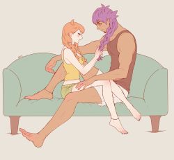 Rule 34 | 1boy, 1girl, adjusting hair, alternate hairstyle, anklet, anzu (user ufpf3257), bare arms, barefoot, blush, braid, brown shirt, commentary request, couch, creatures (company), dark-skinned male, dark skin, facial hair, game freak, green shorts, hair ornament, heart, heart hair ornament, highres, jewelry, leon (pokemon), long hair, nintendo, orange hair, pokemon, pokemon swsh, purple hair, shirt, shorts, sitting, sleeveless, sleeveless shirt, sonia (pokemon), toenails, toes, twin braids, white shorts, yellow shirt