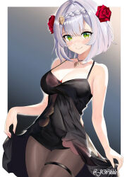 Rule 34 | 1girl, absurdres, black dress, breasts, dress, flower, genshin impact, green eyes, grey hair, highres, jhonwikkle, looking at viewer, md5 mismatch, medium breasts, noelle (genshin impact), pantyhose, red flower, red rose, resolution mismatch, rose, self-upload, short hair, smile, solo, source smaller