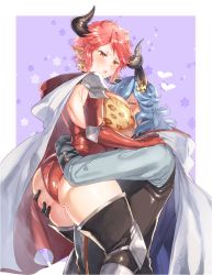 Rule 34 | 1boy, 1girl, :o, anger vein, animal ears, animal print, armor, ass, ass grab, between breasts, black footwear, blue hair, blue shirt, blush, boots, border, breasts, cape, closed eyes, commentary request, cow ears, cow horns, cross, cross earrings, curvy, drang (granblue fantasy), draph, earrings, elbow gloves, elbow pads, eno yukimi, gloves, granblue fantasy, hand on another&#039;s shoulder, head between breasts, heart, holding person, hood, hood down, hooded cape, horns, hug, huge breasts, jewelry, knee pads, leopard print, leotard, long hair, long sleeves, looking at another, orange eyes, outside border, pauldrons, pointy ears, purple background, red cape, red gloves, red hair, red leotard, shiny skin, shirt, short hair, shoulder armor, shoulder blades, sidelocks, standing, star (symbol), starry background, sturm (granblue fantasy), thigh boots, thighhighs, v-shaped eyebrows, v-shaped eyes, wavy hair, white border