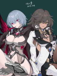 Rule 34 | 2019, 2girls, absurdres, alternate costume, artist name, black cape, black shorts, breasts, brown hair, brown pantyhose, cape, claw (weapon), cleavage, closed mouth, coat, dark-skinned female, dark skin, dated, evzeva, green background, grey hair, highres, honkai (series), honkai impact 3rd, jackal (honkai impact), large breasts, long hair, looking at viewer, mole, mole under mouth, multiple girls, navel, pantyhose, raven (honkai impact), red eyes, revealing clothes, short hair, shorts, simple background, smile, weapon, white coat, yellow eyes
