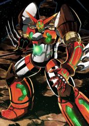 Rule 34 | bad id, bad pixiv id, drill, garimpeiro, getter rays, getter robo, glowing, glowing eyes, highres, holding, holding weapon, horns, krita (medium), looking down, mecha, no humans, open hand, robot, shin getter-1, shin getter robo, solo, super robot, weapon, wings, yellow eyes