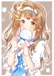 Rule 34 | 1girl, blush, border, bracelet, brown hair, covering own mouth, frilled sleeves, frills, grey background, grey nails, hair ornament, hairband, hairclip, highres, holding, holding stuffed toy, jewelry, long hair, love live!, love live! school idol festival, love live! school idol project, minami kotori, nail polish, one side up, outline, potate, solo, star (symbol), stuffed animal, stuffed cat, stuffed toy, upper body, white border, white outline, wing hair ornament, yellow eyes