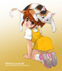 Rule 34 | 00s, 1girl, :d, all fours, animal, ass, calico, cat, dress, full body, kyon no imouto, looking at viewer, open mouth, shamisen (suzumiya haruhi), shibata masahiro, shoes, short sleeves, smile, sneakers, solo, suzumiya haruhi no yuuutsu, whiskers, yellow dress