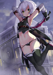 Rule 34 | 1girl, absurdres, arm belt, armpits, arms up, bandaged arm, bandages, bare shoulders, black footwear, black panties, black vest, blush, boots, breasts, clock, clock tower, closed mouth, cloud, cloudy sky, dagger, facial scar, fate/apocrypha, fate (series), gloves, green eyes, highres, holding, holding dagger, holding knife, holding weapon, jack the ripper (fate/apocrypha), knife, looking at viewer, lowleg, lowleg panties, navel, panties, rahanachi, scar, scar across eye, scar on cheek, scar on face, sheath, short hair, shoulder tattoo, single glove, sky, solo, tattoo, thigh boots, thighhighs, tower, underwear, vest, weapon, white hair