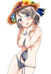 Rule 34 | 10s, 1girl, bikini, bikini top only, blue eyes, blush, bracelet, breasts, covering breasts, covering privates, flower, grey hair, hat, highres, holding, holding bikini, holding bikini top, jewelry, looking at viewer, love live!, love live! sunshine!!, open mouth, short hair, solo, striped bikini, striped clothes, swimsuit, topless, unworn bikini top, watanabe you