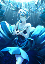 Rule 34 | 10s, 1girl, 2014, bubble, collarbone, dress, floating hair, hatsune miku, highres, jun project, shinkai shoujo (vocaloid), solo, strap slip, submerged, twintails, underwater, vocaloid