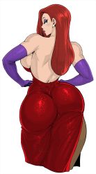 Rule 34 | 1girl, ass, backless dress, backless outfit, bare back, bare shoulders, breasts, colorized, curvy, dress, earrings, elbow gloves, eyeshadow, from behind, gloves, green eyes, hands on own hips, highres, huge ass, huge breasts, jessica rabbit, jewelry, lipstick, long hair, looking at viewer, looking back, makeup, pantyhose, parted lips, red dress, red hair, sideboob, skin tight, solo, synecdoche, thick thighs, thighs, third-party edit, white background, who framed roger rabbit, wide hips