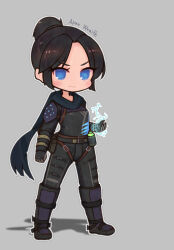 Rule 34 | 1girl, animification, apex legends, belt, black bodysuit, black footwear, blue eyes, blue scarf, blush, bodysuit, boots, brown belt, character name, chibi, clenched hand, frown, full body, grey background, hair bun, highres, looking at viewer, no pupils, open hand, parted bangs, ranguage, scarf, shadow, single hair bun, solo, usui yuki, v-shaped eyebrows, wraith (apex legends)