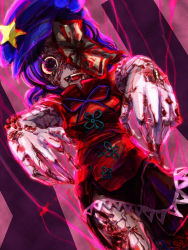 Rule 34 | 1girl, bad id, bad pixiv id, blood, blue hair, deep wound, female focus, guro, hat, injury, miyako yoshika, ofuda, outstretched arms, rapan, rotting, scar, solo, touhou, zombie, zombie pose