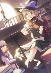 Rule 34 | 3girls, :q, = =, blonde hair, bow (music), braid, cup, dutch angle, female focus, hat, instrument, izayoi sakuya, kirisame marisa, multiple girls, patchouli knowledge, purple hair, spill, sunlight, teacup, tongue, tongue out, touhou, violin, weee (raemz), witch, witch hat