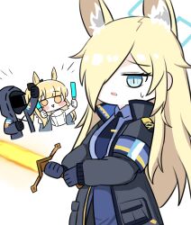 Rule 34 | 1other, 2girls, animal ear fluff, animal ears, arknights, armband, armor, black bow, black coat, black jacket, blemishine (arknights), blonde hair, blue archive, blue armband, blue eyes, blue halo, blue necktie, blue shirt, blush stickers, bow, cheering, chibi, coat, collared shirt, commentary request, cropped torso, crossover, doctor (arknights), dog ears, extra ears, fur-trimmed armor, fur trim, hair over one eye, halo, hand up, highres, holding, holding glowstick, holding sword, holding weapon, hood, hood up, hooded coat, hooded jacket, horse ears, horse girl, jacket, kanna (blue archive), korean commentary, miyaoo1224, multiple girls, necktie, police, police uniform, policewoman, sharp teeth, shirt, simple background, smile, sweatdrop, sword, teeth, uniform, upper body, weapon, white background