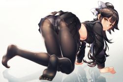 Rule 34 | 1girl, absurdres, all fours, animal ears, ass, azur lane, black hair, black pantyhose, black serafuku, black skirt, blush, bow, breasts, brown pantyhose, closed mouth, collarbone, commentary request, crop top, crop top overhang, crotch seam, dog ears, from behind, grey background, hair ears, hair flaps, hairband, highres, kitazume kumie, large breasts, light particles, long hair, long sleeves, looking at viewer, looking back, midriff, miniskirt, navel, neckerchief, no bra, no shoes, panties, panties under pantyhose, pantyhose, pleated skirt, ponytail, reflection, school uniform, serafuku, shiny skin, sidelocks, simple background, skirt, soles, solo, takao (school romanza) (azur lane), takao (azur lane), thighband pantyhose, thighs, underboob, underwear, very long hair, white bow, white hairband, white neckerchief, white panties, yellow eyes
