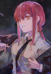 Rule 34 | 1girl, absurdres, black necktie, braid, braided ponytail, breasts, chainsaw man, collared shirt, fang qiao, highres, long coat, long hair, long sleeves, makima (chainsaw man), medium breasts, necktie, red hair, ringed eyes, shirt, signature, smile, solo, white shirt, yellow eyes