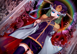 Rule 34 | 1girl, aoi kujira, arm garter, blood, blood stain, blouse, blue eyes, blue hat, blue shirt, blue skirt, blue thighhighs, blue vest, cape, covering own mouth, enma (mythology), epaulettes, frilled hat, frills, green hair, halo, hat, hat ribbon, holding, long sleeves, looking at viewer, multicolored halo, open door, rainbow, rainbow halo, red cape, red ribbon, ribbon, rod of remorse, shiki eiki, shirt, skirt, solo, tassel, thighhighs, touhou, turtleneck, vest, weighing scale, white ribbon, wide sleeves, zettai ryouiki