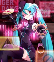 Rule 34 | !, 1girl, :p, absurdres, aqua hair, black dress, black gloves, black hat, black thighhighs, caution, cd, commentary, crossed legs, cuffs, dress, facial tattoo, feet out of frame, foreshortening, fork, gears, glitch, gloves, hadu oekaki, half-closed eyes, handcuffs, hat, hatsune miku, highres, holding, holding fork, holding handcuffs, hologram, looking at viewer, no entry sign, pointing, pointing at viewer, red eyes, road sign, sadistic music factory (vocaloid), scanlines, sign, sitting, sleeveless, sleeveless dress, solo, tattoo, thighhighs, tongue, tongue out, twintails, vocaloid, warning sign