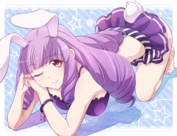 Rule 34 | 10s, 1girl, ;), all fours, animal ears, blue background, bracelet, breasts, chuchu (show by rock!!), curly hair, e20, jewelry, lips, long hair, looking at viewer, nail polish, one eye closed, purple hair, rabbit ears, rabbit girl, rabbit tail, red eyes, show by rock!!, smile, solo, star (symbol), tail, toenail polish, toenails