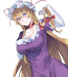 Rule 34 | 1girl, blonde hair, blush, bow, breasts, cleavage, closed mouth, commentary, dress, gloves, hair between eyes, hair bow, hand on own chest, hat, highres, kanaria (bocmn), large breasts, long hair, looking at viewer, mob cap, purple dress, purple eyes, red bow, simple background, solo, touhou, white background, white gloves, white hat, yakumo yukari