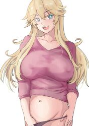 Rule 34 | 1girl, absurdres, alternate costume, black panties, blonde hair, blue eyes, breasts, collarbone, covered erect nipples, cowboy shot, groin, highres, iowa (kancolle), kantai collection, ken (shutenndouji1), large breasts, navel, panties, pink sweater, simple background, solo, star-shaped pupils, star (symbol), sweater, symbol-shaped pupils, underwear, white background