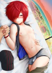 Rule 34 | abs, ahoge, baseball cap, boxer briefs, bulge, fate/grand order, fate (series), fujimaru ritsuka (male), fuuma kotarou (fate), hair over one eye, hat, highres, holding hands, looking at viewer, male underwear, nipples, on bed, pectorals, pov, pov hands, red eyes, red hair, toitoi332, underwear, yaoi