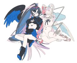Rule 34 | 2girls, ado (utaite), black bra, black footwear, black hair, black ribbon, black shirt, black skirt, black wings, blue eyes, boots, bra, breasts, commentary, creator connection, crescent tattoo, dress, feathered wings, full body, hair over one eye, hair rings, headphones, high ponytail, long hair, long sleeves, medium breasts, multicolored hair, multiple girls, naima (ado), neck ribbon, niconico, one piece, open clothes, open shirt, pleated skirt, purple eyes, red hair, ribbon, shared wings, shirt, simple background, single sleeve, skirt, small breasts, split-color hair, twintails, u emper, underwear, usseewa, uta (one piece), utaite, very long hair, voice actor connection, white background, white dress, white hair, wings