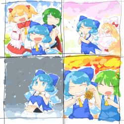 Rule 34 | 4koma, 5girls, antennae, ascot, autumn, barefoot, black cape, blonde hair, blowing, blue bow, blue dress, blue eyes, blue hair, blush stickers, bow, cape, chestnut, cirno, clenched teeth, closed eyes, closed mouth, comic, daiyousei, dandelion, dress, fairy wings, female focus, flower, frilled shirt collar, frilled skirt, frills, green hair, hair bow, hat, hat bow, headdress, ice, ice wings, lily white, lonely, long hair, multiple girls, nature, open mouth, orange hair, outdoors, plant, puffy short sleeves, puffy sleeves, red bow, seasons, short hair, short sleeves, sitting, skirt, sky, smile, snow, snowing, spring (season), summer, sunny milk, teeth, touhou, twintails, white dress, white hat, wings, winter, wriggle nightbug, yaise