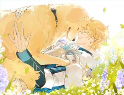 Rule 34 | 1boy, :d, ^ ^, animal, animal hug, armor, blonde hair, bloom, breastplate, closed eyes, commentary, dog, english commentary, eyelashes, flower, fur-trimmed jacket, fur trim, gepard landau, grass, hair between eyes, hands up, highres, honkai: star rail, honkai (series), jacket, leaf, long sleeves, lying, male focus, mors gn, on back, open mouth, plant, profile, purple flower, short hair, sleeve cuffs, smile, solo, teeth, tongue, tongue out, upper teeth only, white flower, white jacket