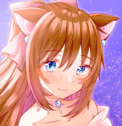 Rule 34 | 1girl, animal ears, aqua eyes, artist name, artist request, back bow, bare shoulders, black gloves, blue eyes, blush, bow, breasts, brown hair, buttons, cat ears, choker, collarbone, dress, drop earrings, earrings, female focus, gloves, grey bow, hair between eyes, hair bow, high ponytail, jewelry, lace, lace gloves, long hair, looking at viewer, love live!, love live! nijigasaki high school idol club, love live! school idol festival, multicolored clothes, necklace, night, night sky, off-shoulder dress, off shoulder, osaka shizuku, parted lips, pink bow, ponytail, sky, sleeveless, sleeveless dress, smile, solitude rain (love live!), solo, upper body, white bow, white dress