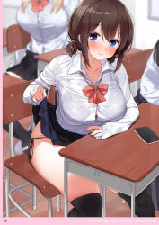 Rule 34 | 3girls, black legwear, black panties, blonde hair, blue eyes, blush, bow, bowtie, bra, bra peek, bra visible through clothes, breasts, brown hair, button gap, cellphone, chair, classroom, clothes lift, desk, kaisen chuui, large breasts, lifted by self, looking at viewer, low twintails, multiple girls, original, panties, phone, school chair, school desk, school uniform, see-through silhouette, short hair, short twintails, side-tie panties, sitting, skirt, skirt lift, sleeves past wrists, smartphone, smile, table, thighhighs, twintails, underwear